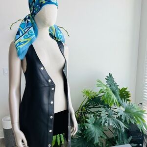 Maje Black Leather Vest with Blue Patterned Scarf